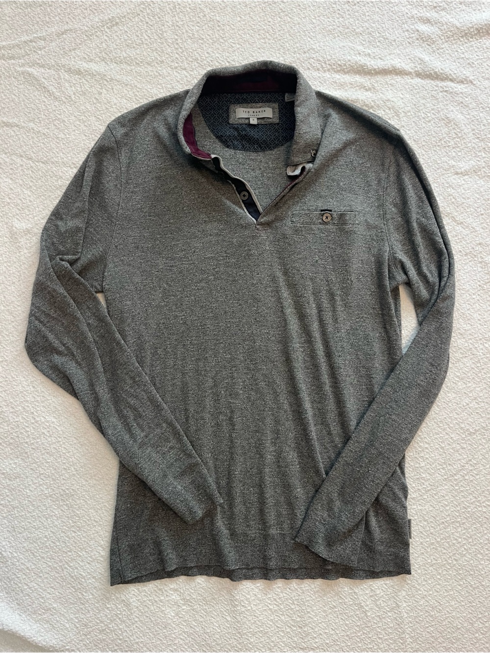 Ted Baker London Men's Long Sleeve Polo in Gray with Maroon Collar Trim